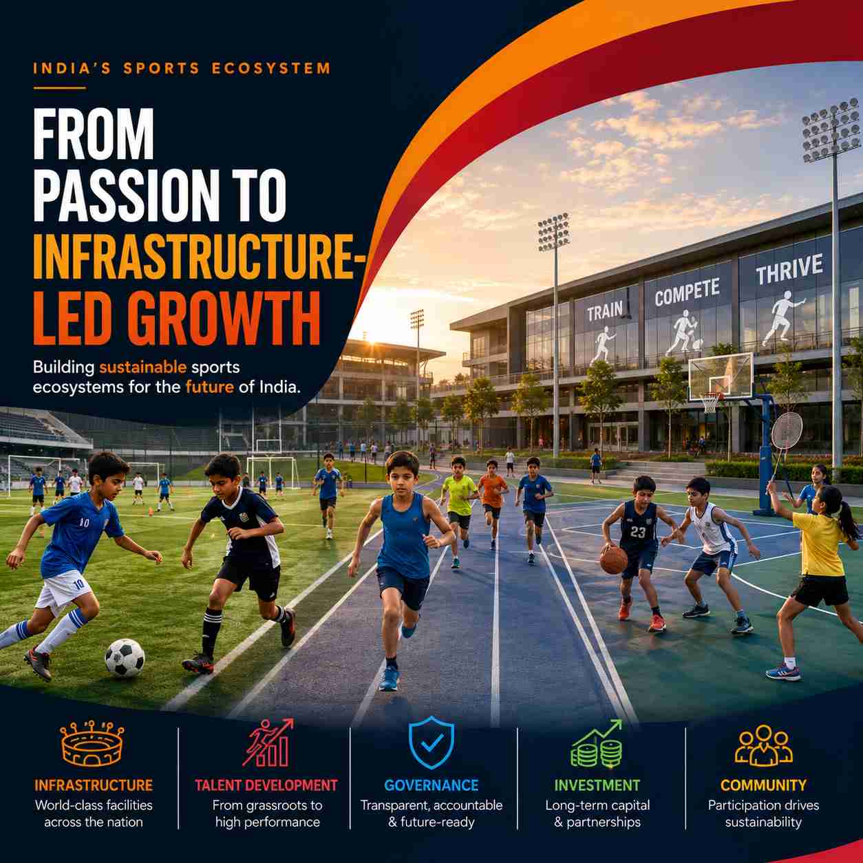 Modern multi-sport infrastructure featuring stadiums, training facilities, athletes, and community sports spaces, representing India's transition from sports passion to infrastructure-led ecosystem growth.