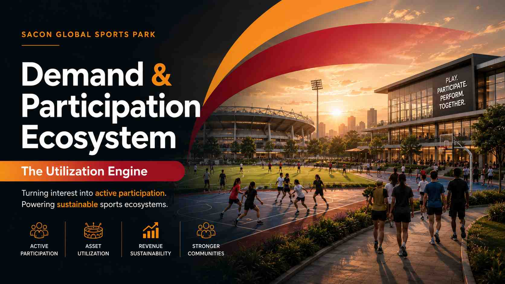 Modern sports campus with active athletes, community participants, and recreational users engaging across multiple sports facilities, illustrating how participation drives utilization and long-term sports ecosystem growth.