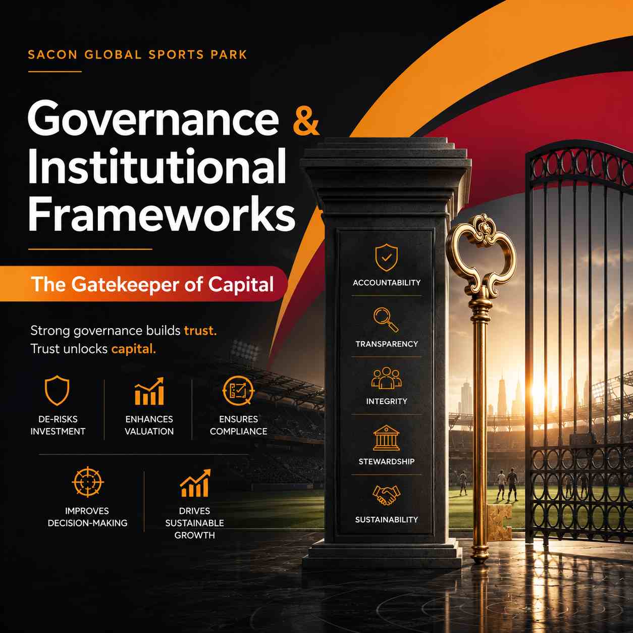 Governance and institutional framework concept featuring a sports stadium, governance pillar, investor gateway, and accountability symbols in Sacon Global Sports Park brand colors.