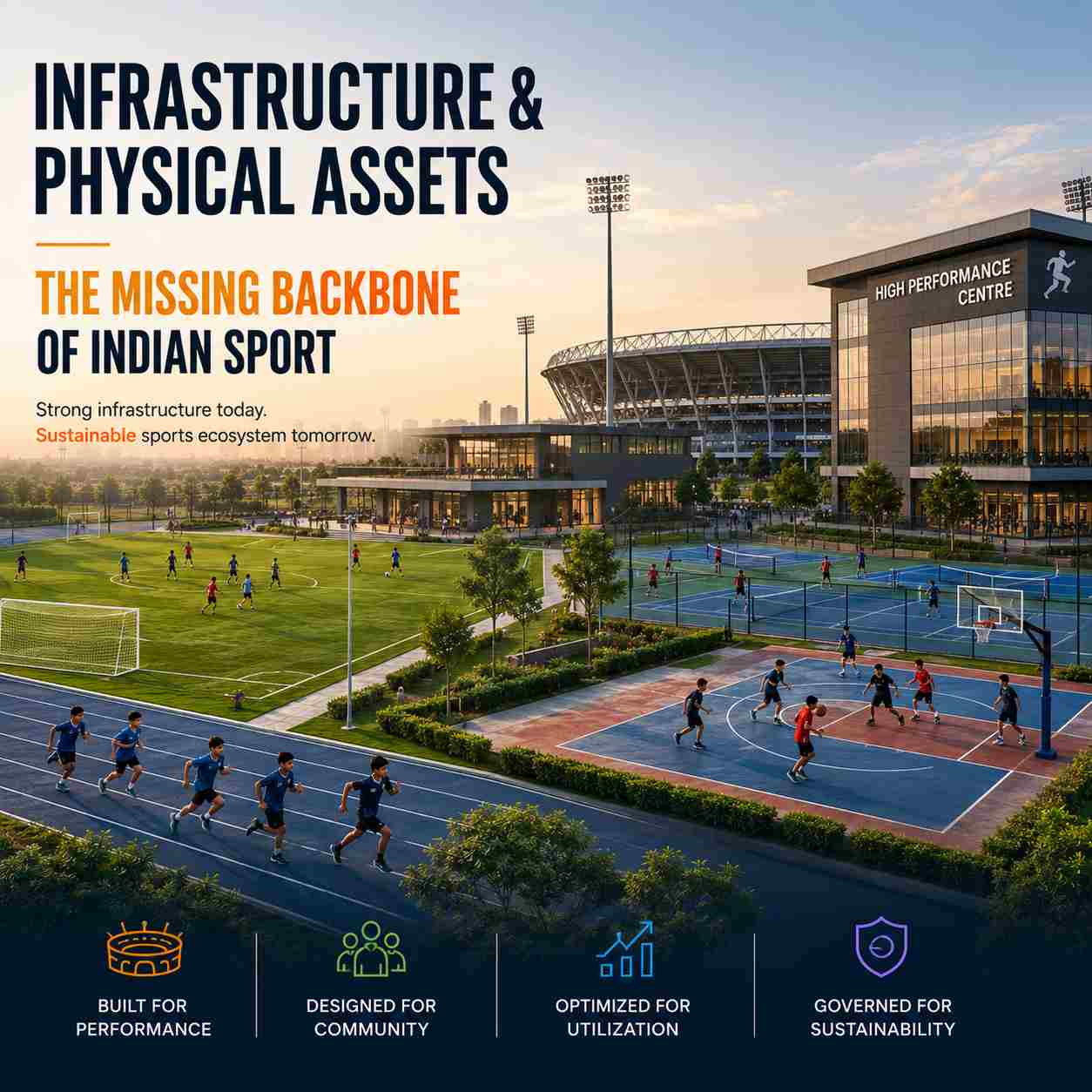 Modern multi-sport complex featuring stadiums, training facilities, athletic fields, and community sports infrastructure representing the foundation of India's sports ecosystem.